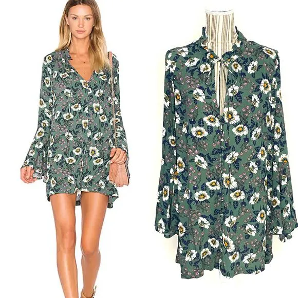 Free People Green Magic Mystery Floral Button Front Tunic Dress Size Small - Image 2
