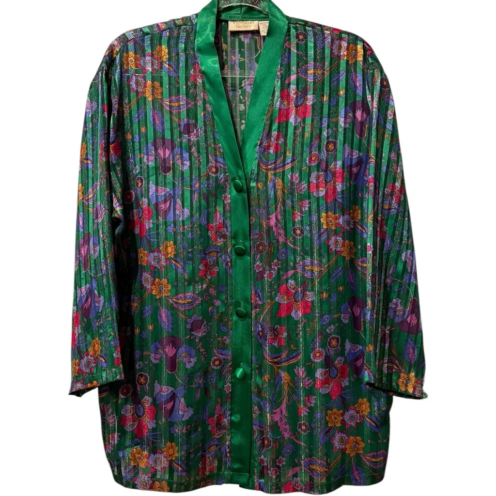 VTG Victoria's‎ Secret Gold Label Emerald Lounge Set Floral Kimono & Satin Pants - Image 5