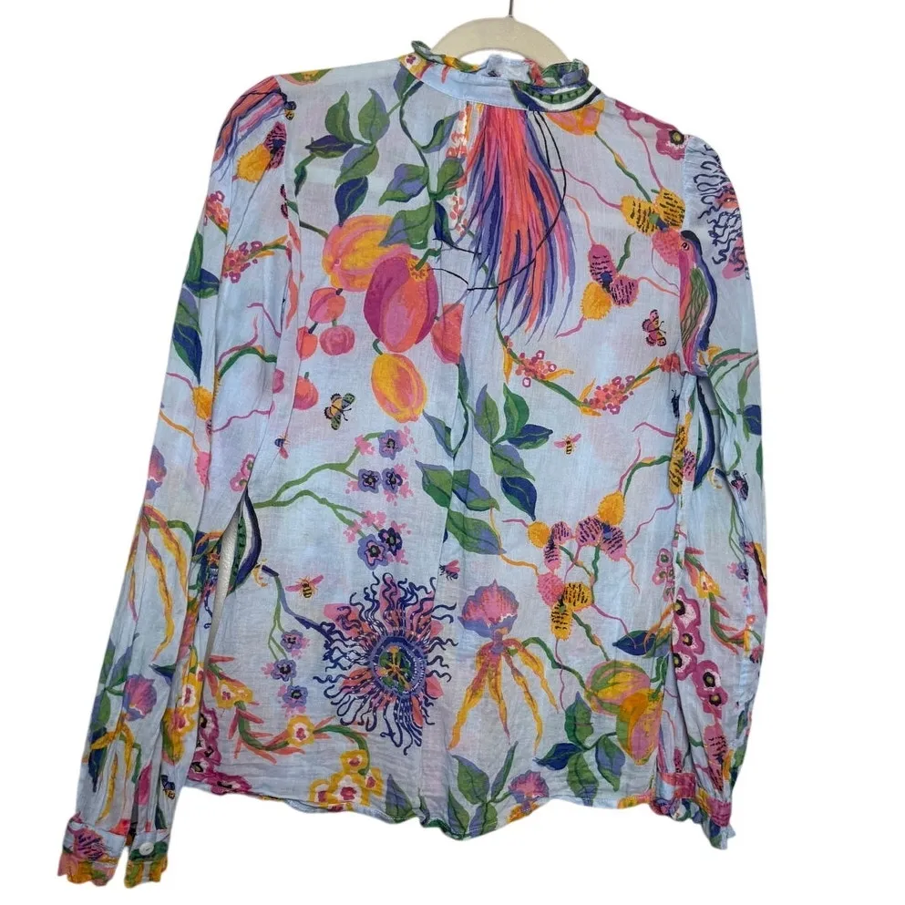 Banjanan Chrissie Floral Bird Long Sleeve Top Women’s Size S Blue - Image 6