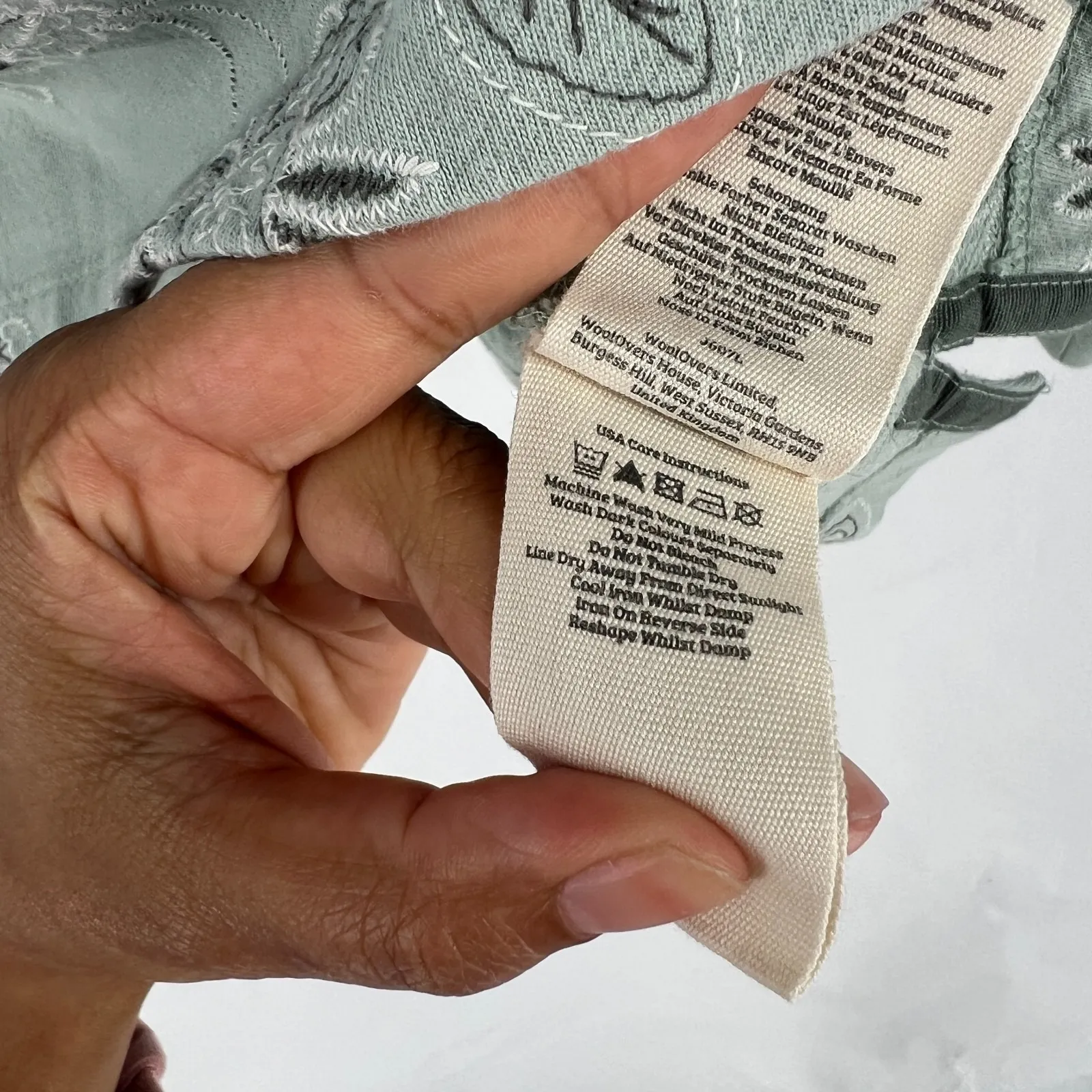 WoolOvers Contrast Stitch Sweatshirt Womens 4 Sage Green All Over Embroidered - Image 8