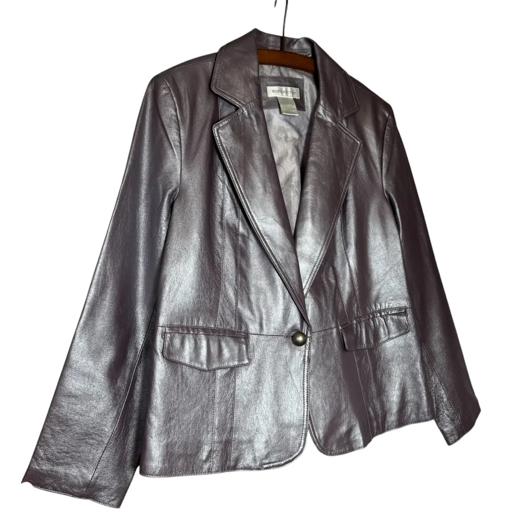 Worthington Vintage Lavender Metallic Blazer Jacket 100% Leather Single Button - Image 2
