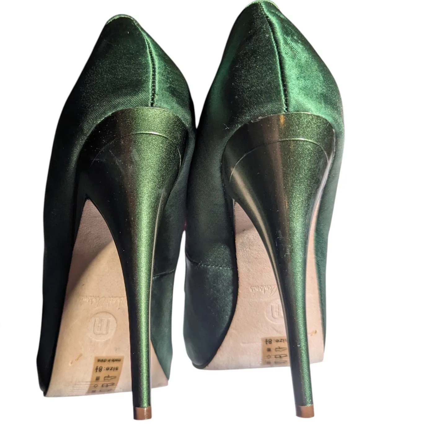 Vtg Y2K Michael Antonio Green Satin Spike Heel Ankle Strap Retro Pinup Pumps 8.5 - Image 4