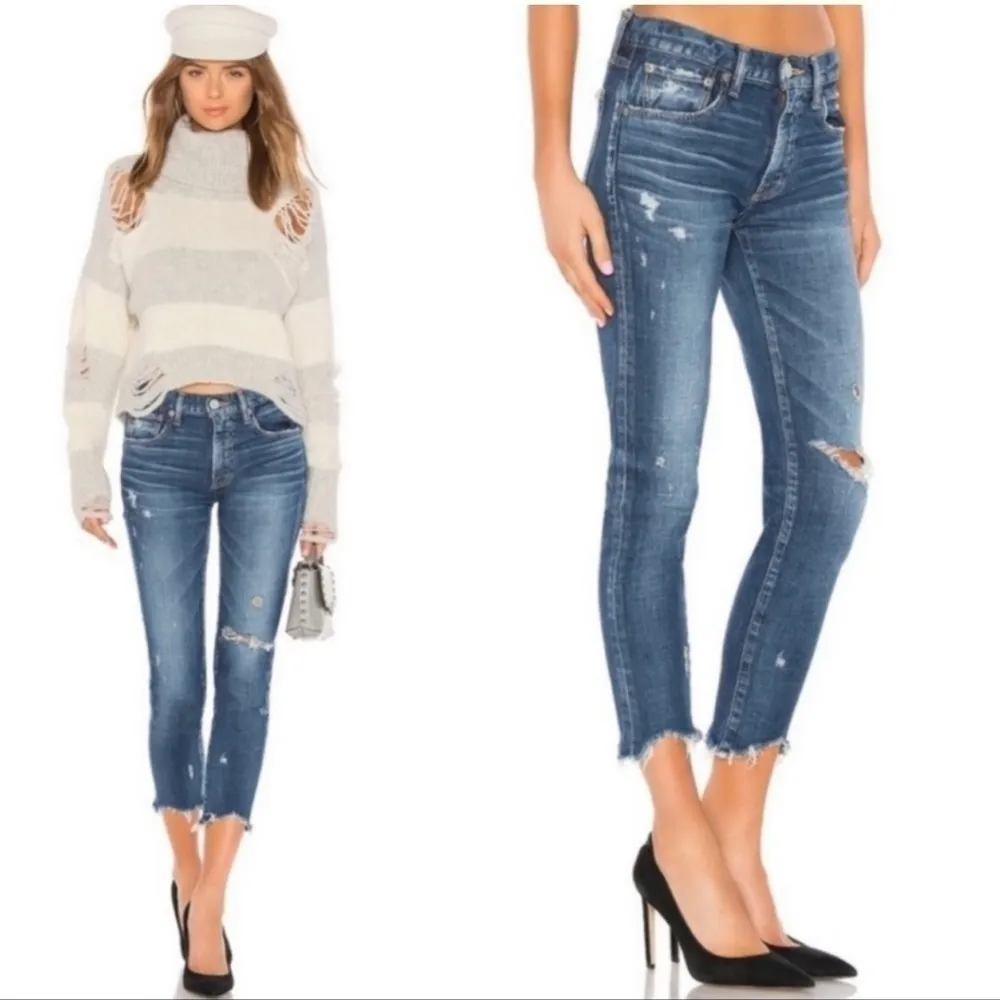 Moussy Vintage Glendele Distressed Tapered Raw Hem Ankle Skinny Denim Jeans 25 Blue - Image 4