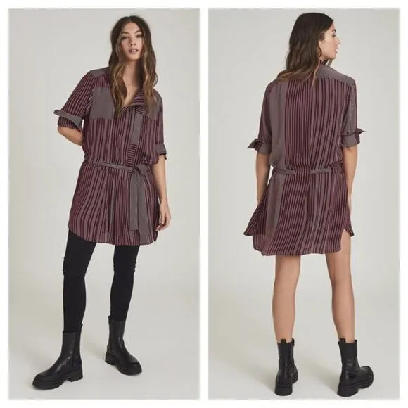 NWT Reiss Albi Burgundy Striped Shirt Dress Size 0 Tie Waist Button Workwear - Image 2