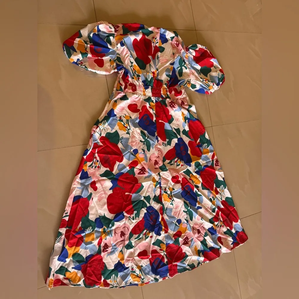 Classic & Best Love The Date Floral Midi Dress Puff Sleeve Size 4XL Summer Red - Image 3