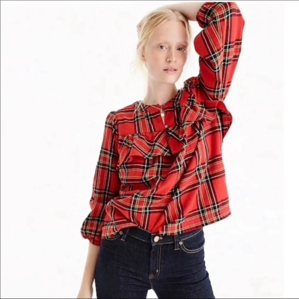 J. Crew Holiday Plaid Ruffle Top in Festival Red Small - Image 3