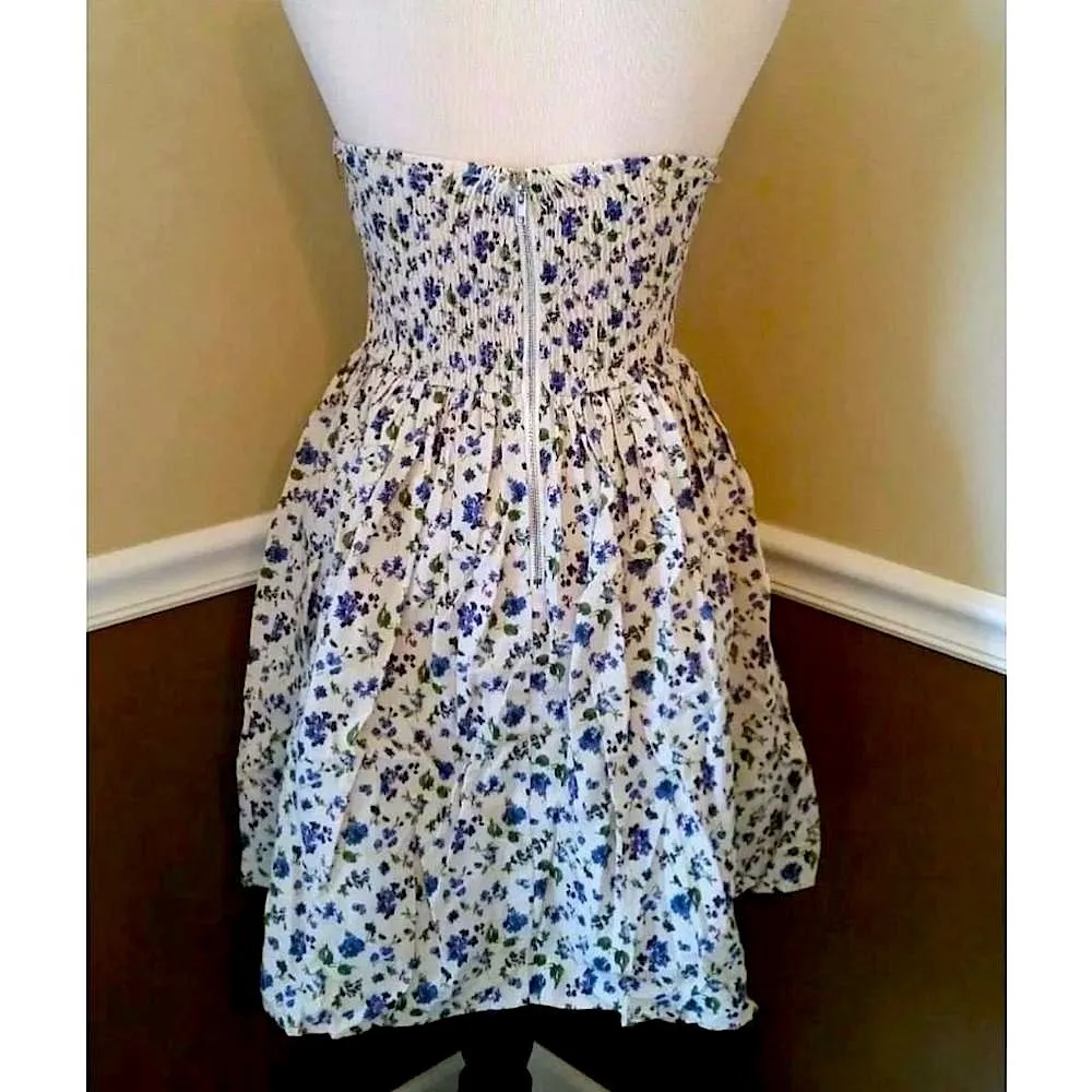 Beige Strapless Blue Floral Sweetheart Bust Party Dress by Alythea from ModCloth - Image 4