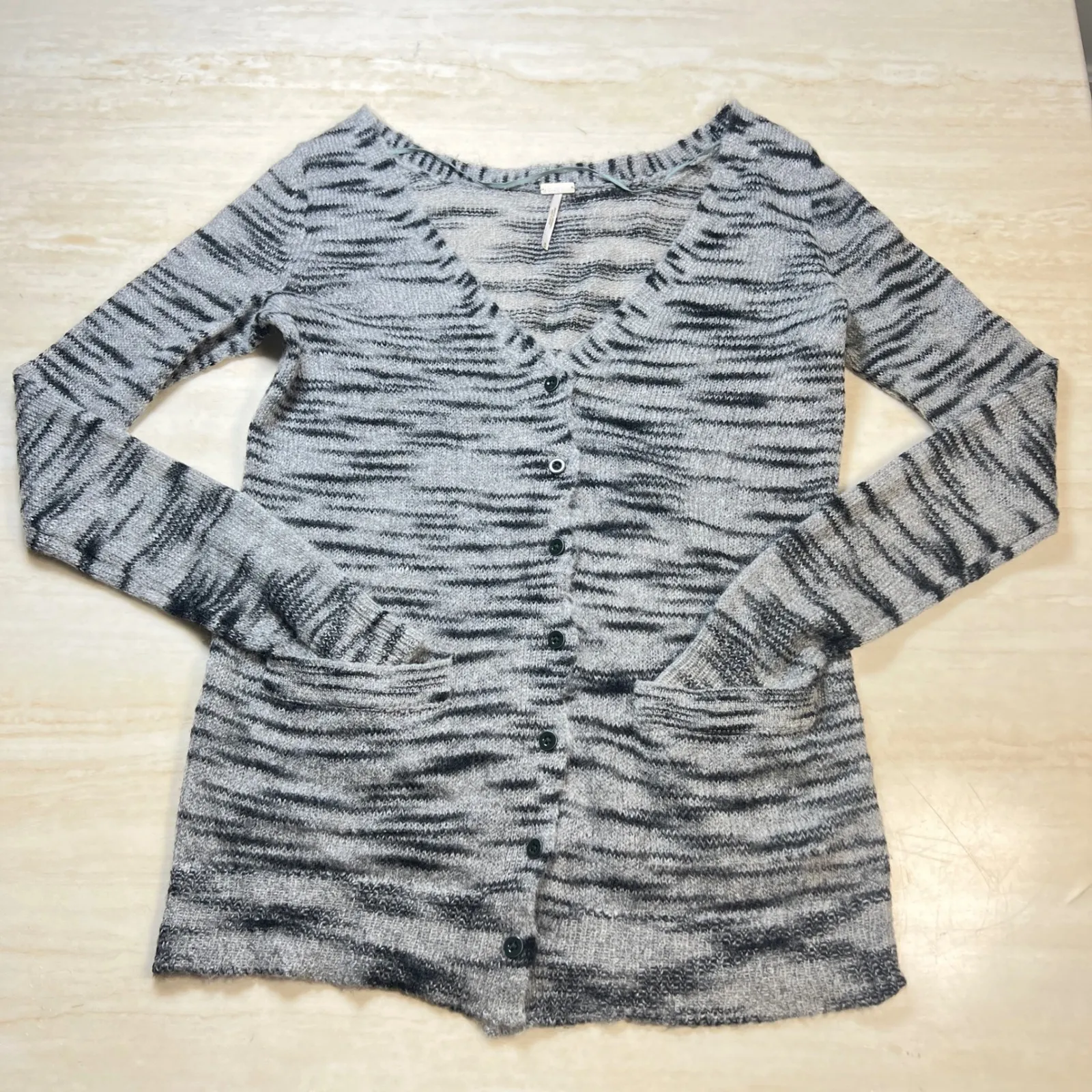 Free People Beach Cardigan Gray Black Striped Knit Button Up Sweater M - Image 12