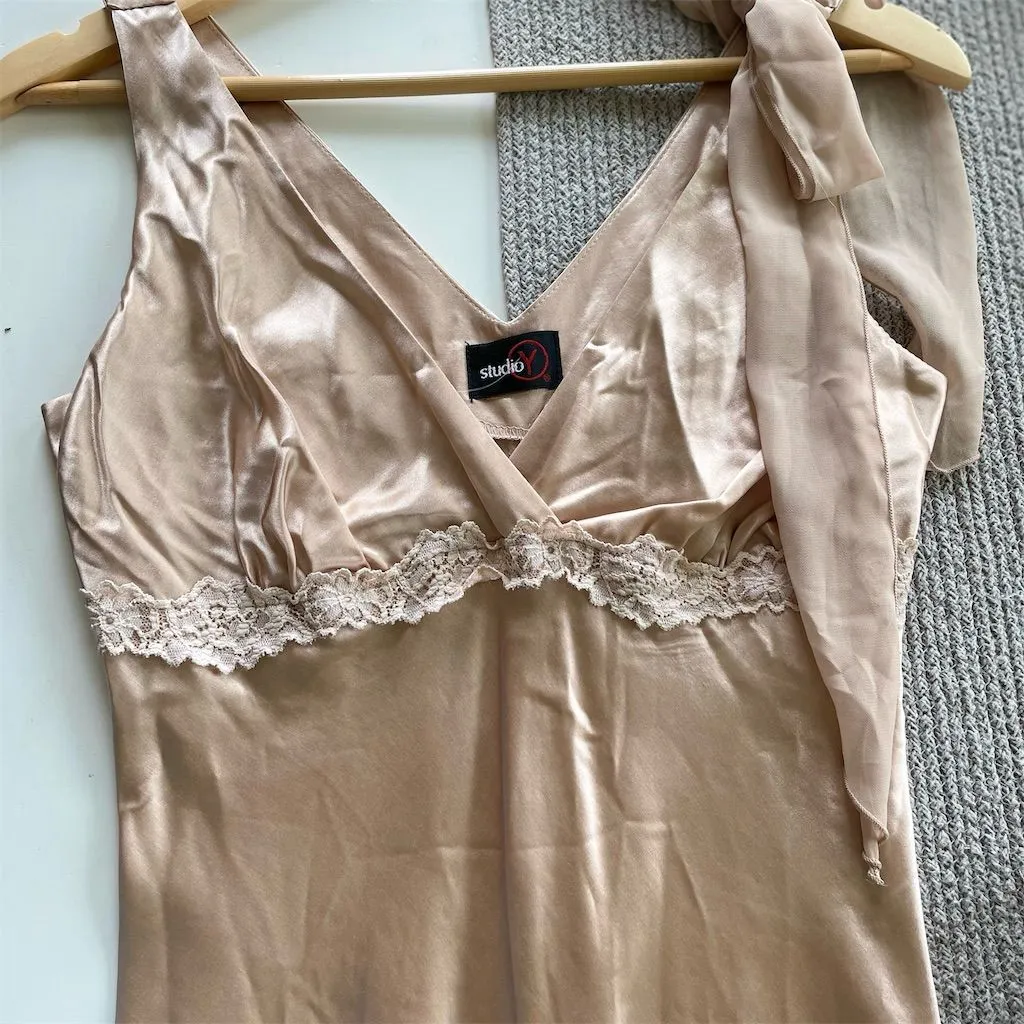 Vintage Y2K Studio Y Blush Pink Satin Lace Slip Dress Size 3 Shoulder Bow XS - Image 12