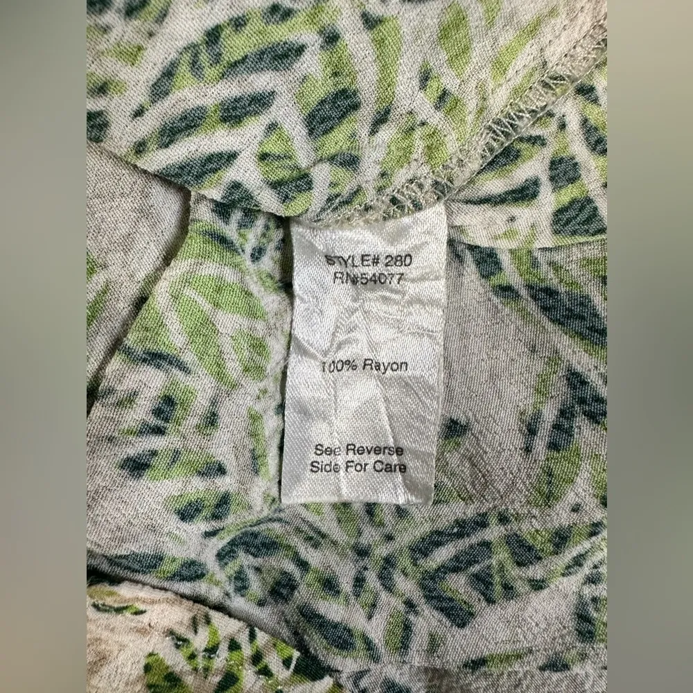 CAbi Faux Wrap Dress Green Tan Hawaiian Tropical Floral Leaf Print Mini Sz Small - Image 5