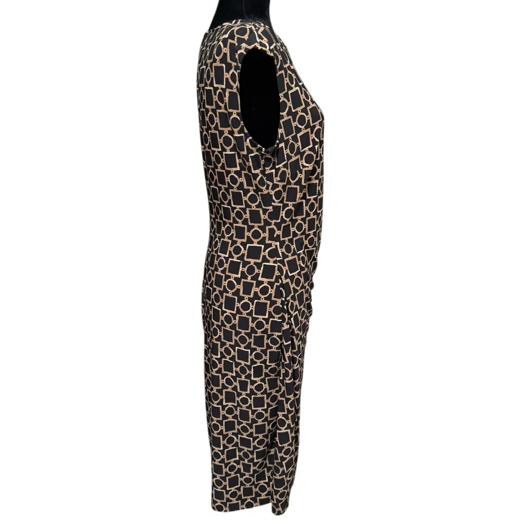 Lauren Ralph Lauren Geometric Print Sheath Dress Black Tan Ruched Size 12 - Image 3