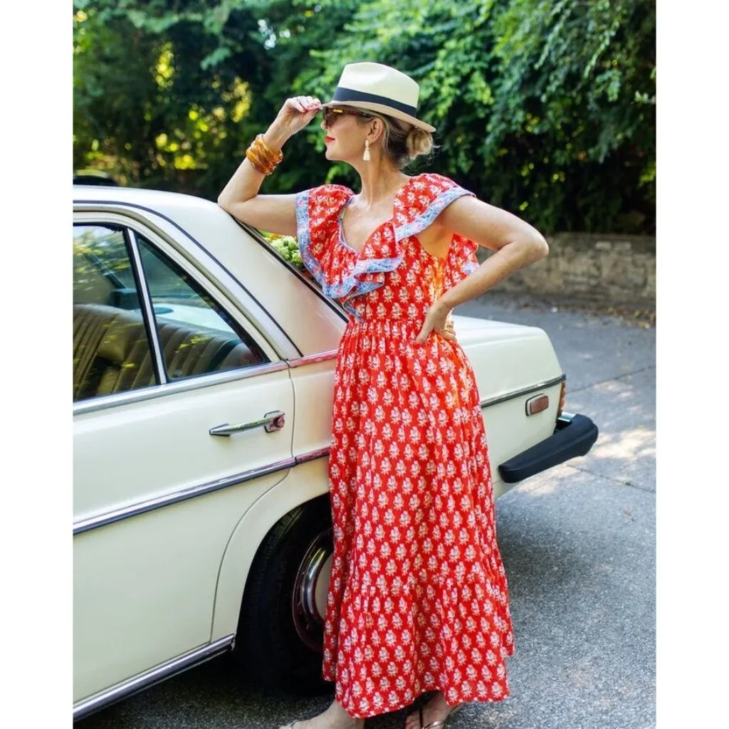 NWT J.Crew Flutter V-neck Maxi in Cerise Cove Red Classic Block Print Dress 12 - Image 2
