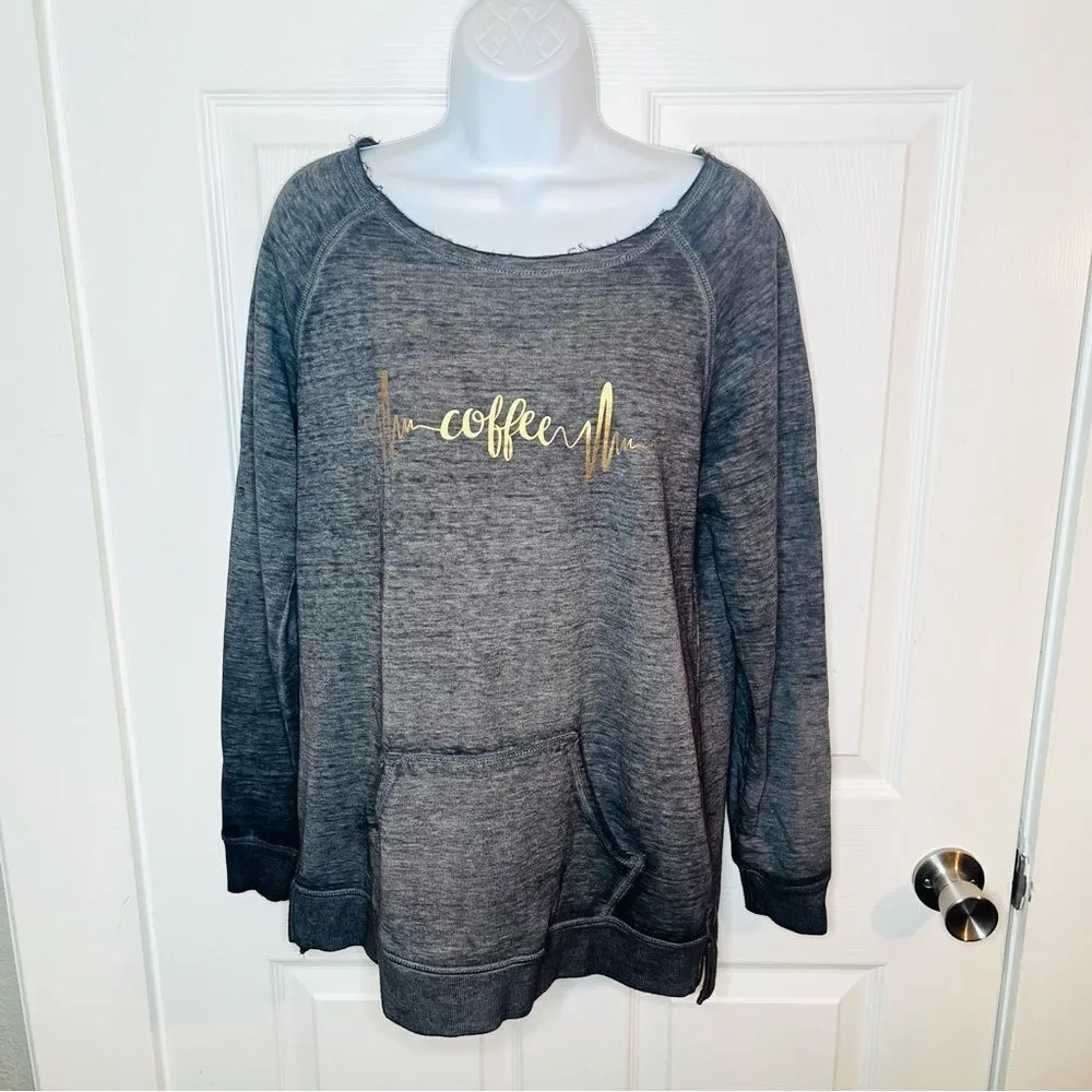 Zobha Heartbeat Metallic Coffee Graphic Gray Women's Sweatshirt Pouch Pocket L - Image 2