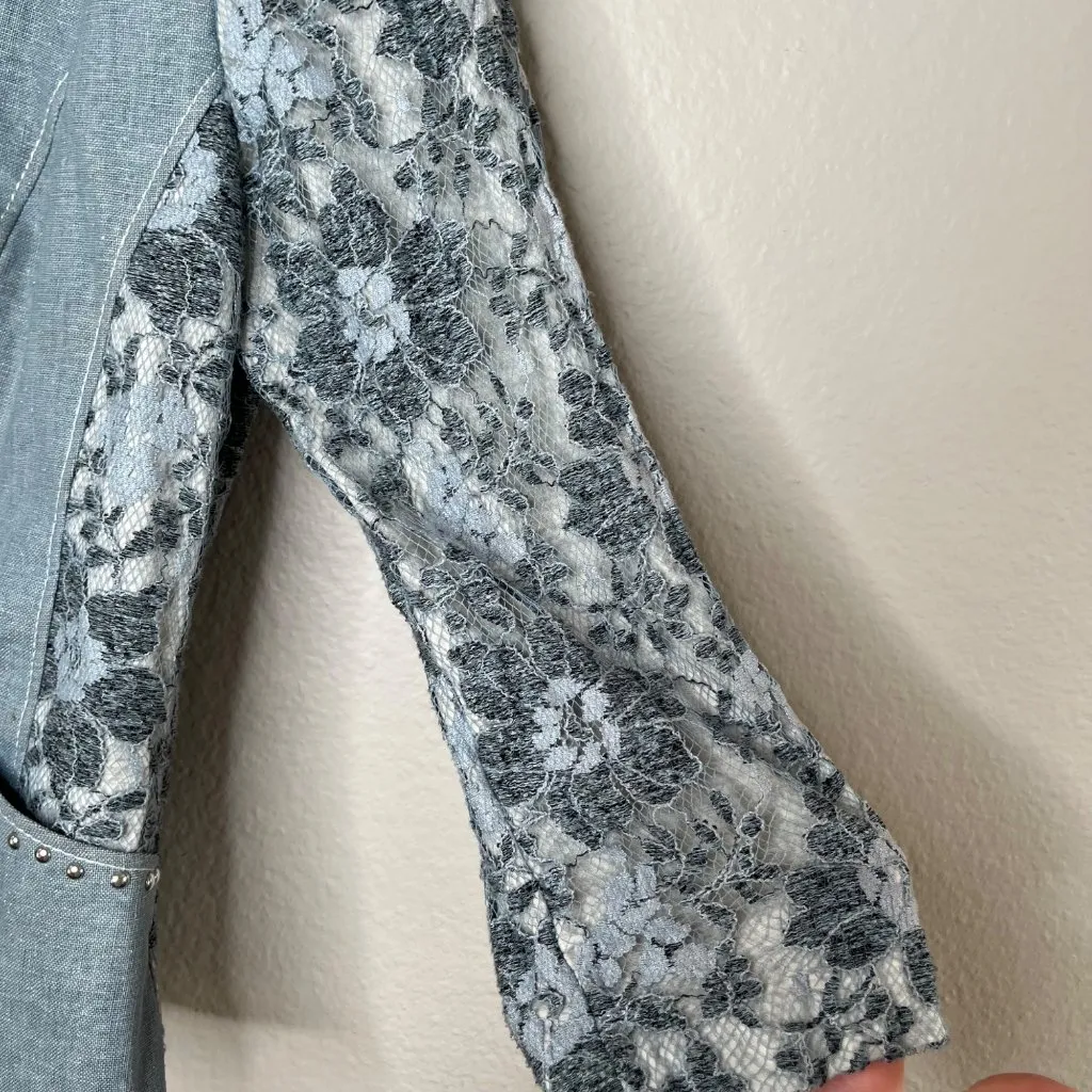Alberto Makali Blue Studded Linen-Blend Country Western Blazer Lace Sleeves 8 - Image 8