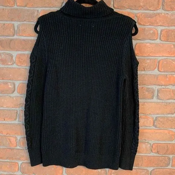 Ruff Hewn Womens Large Petite Sweater Black Cable Knit Turtleneck Cold Shoulder - Image 2