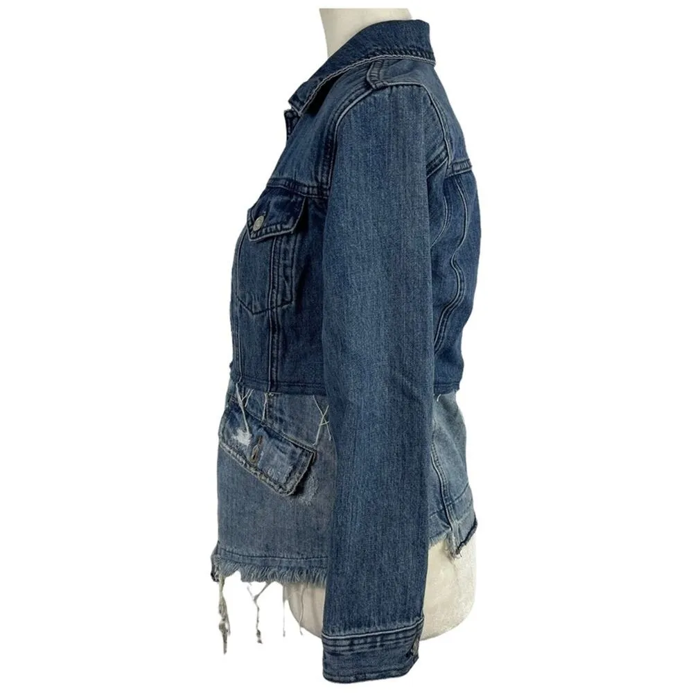LUCKY BRAND Remade Distressed Denim Waisted Trucker Jacket Raw Frayed Hem XS - Image 8