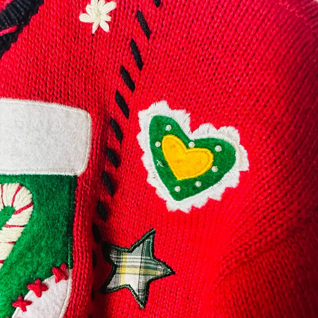 Vintage 80s Segue Christmas Cardigan Sweater Large Holiday Appliqué Knit Cottage Red - Image 9
