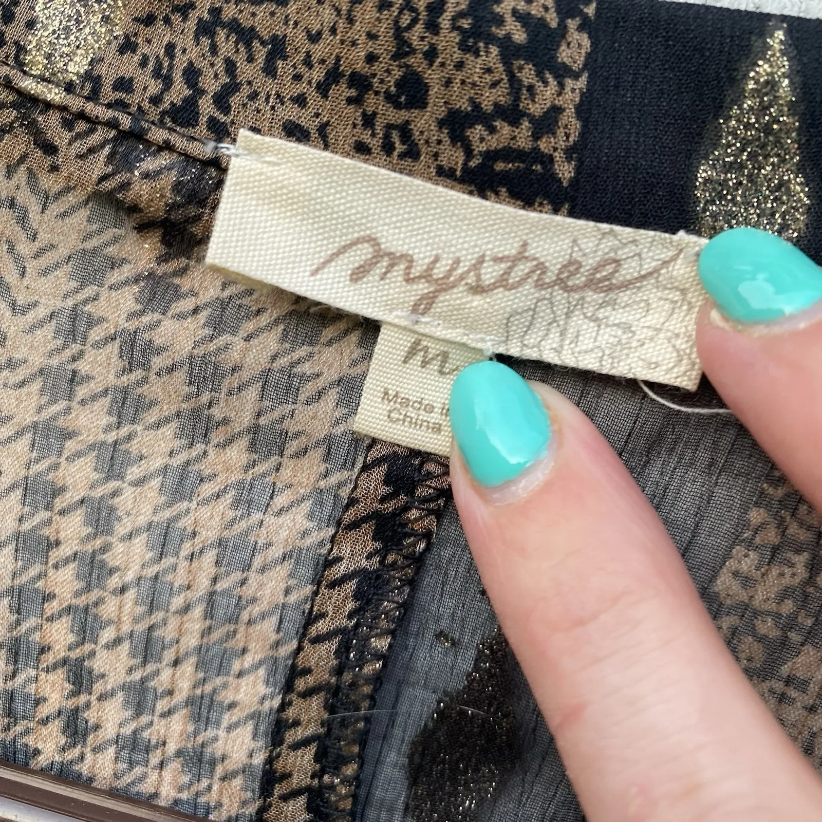 Mystree Brown Black Gold Anthro Blouse Tie Front Longsleeved Semi Sheer Medium - Image 2