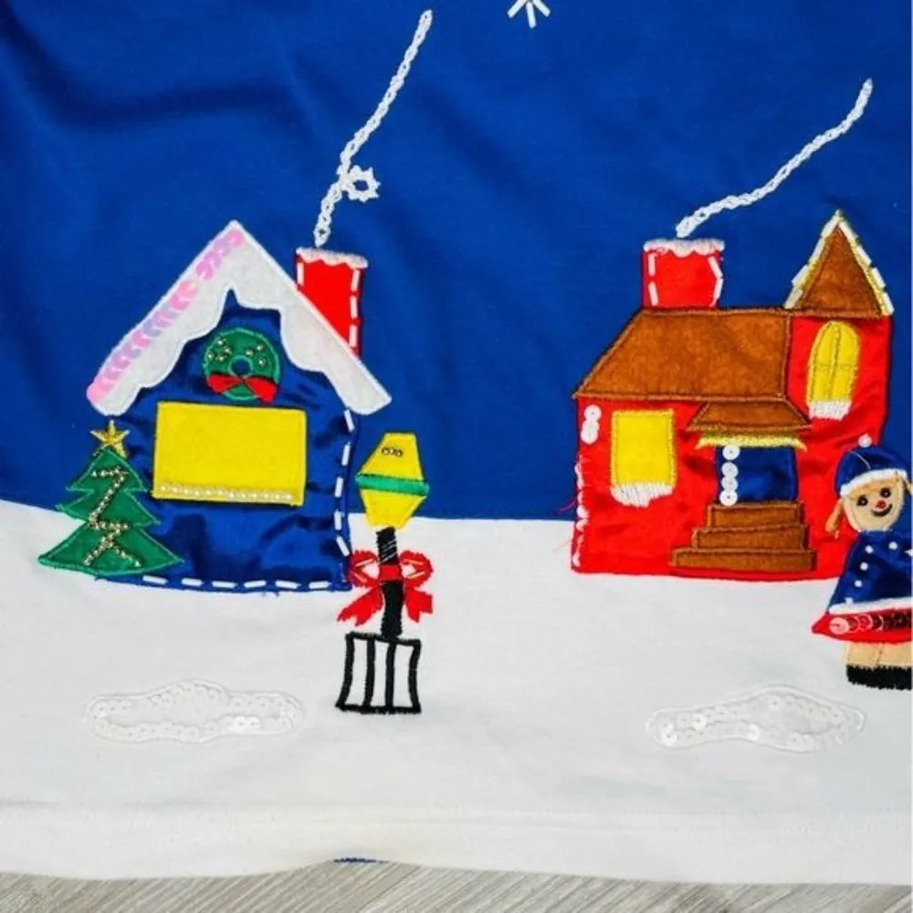 Vintage Victoria harbor village scene Christmas sweater medium sequin beaded Red - Image 3