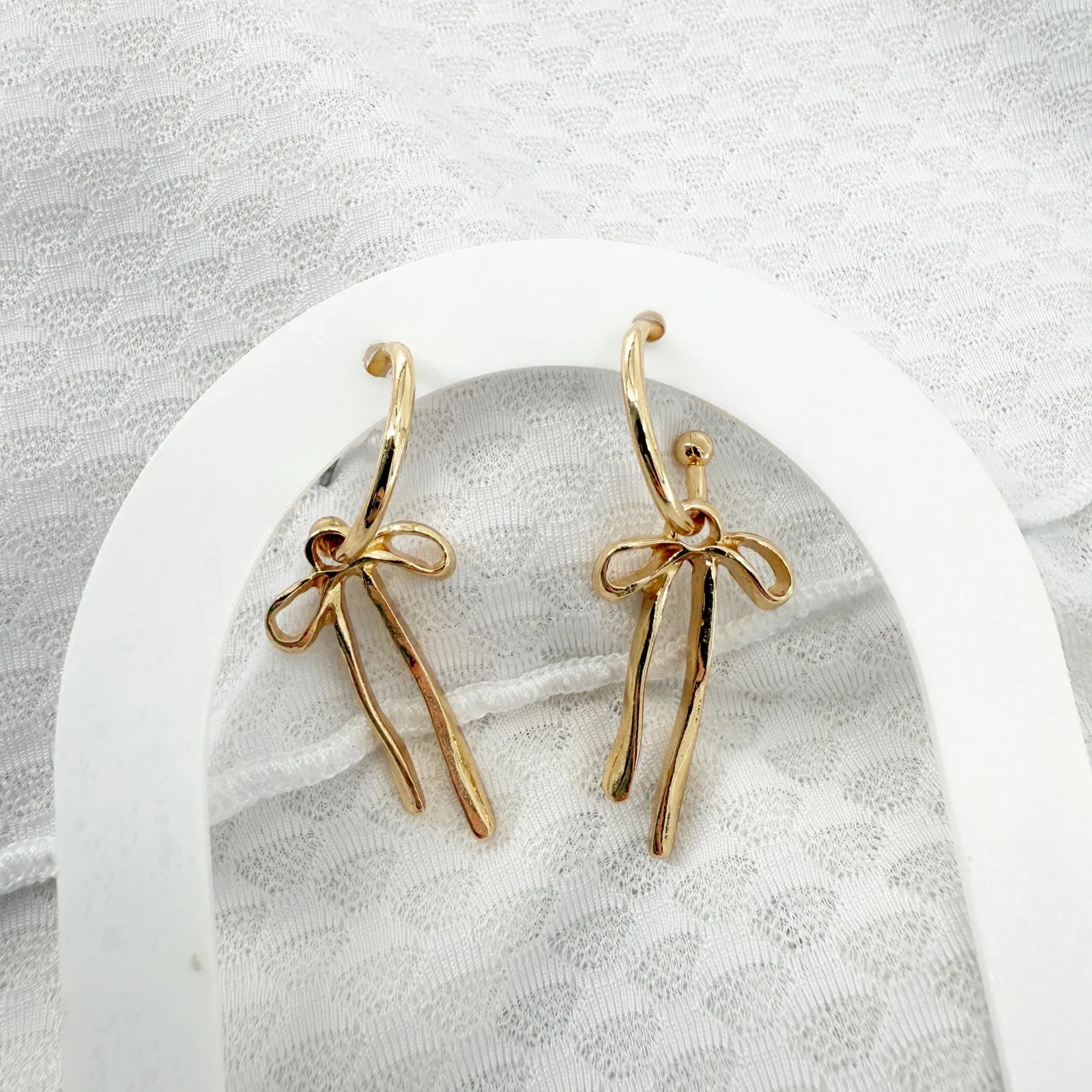 Ribbon Bow Huggie Hoop Earrings, Bow Earrings, Bow Huggies, Coquette Earrings Gold - Image 2