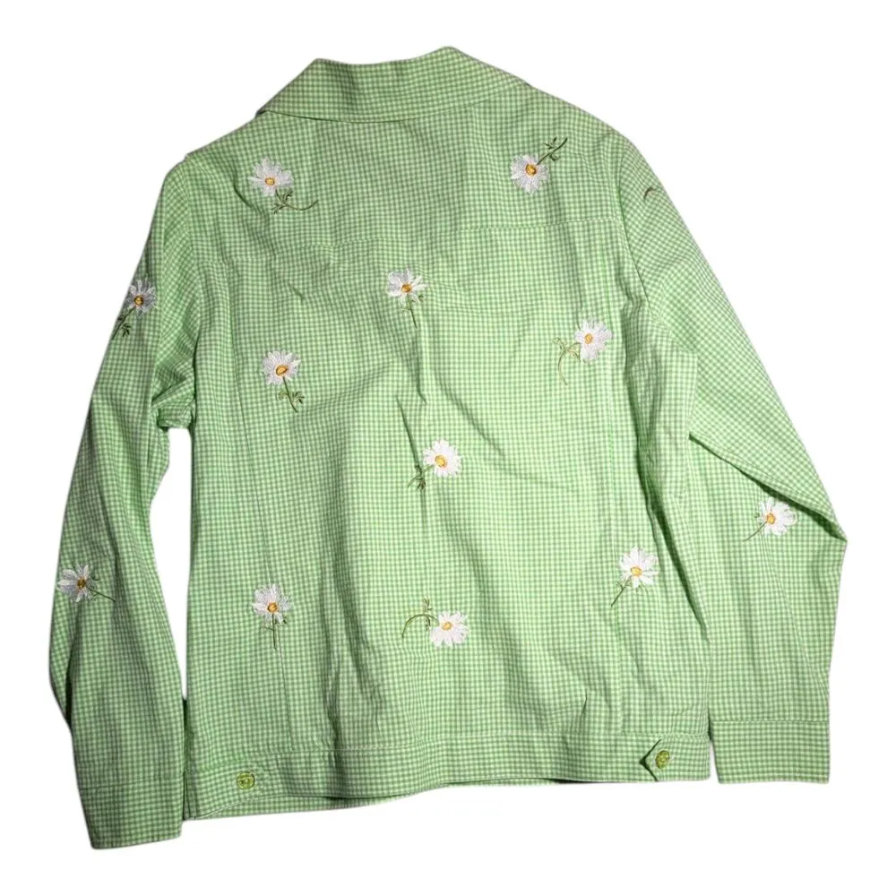 Vtg Y2K Quacker Factory Green Gingham Daisy Embroidered Button Shirt Jacket XS - Image 2