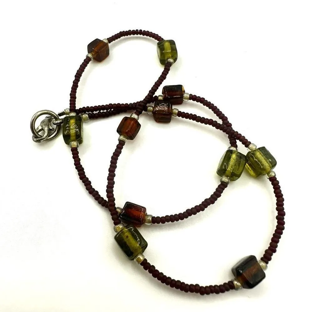 Square green and brown glass beaded necklace - Image 2