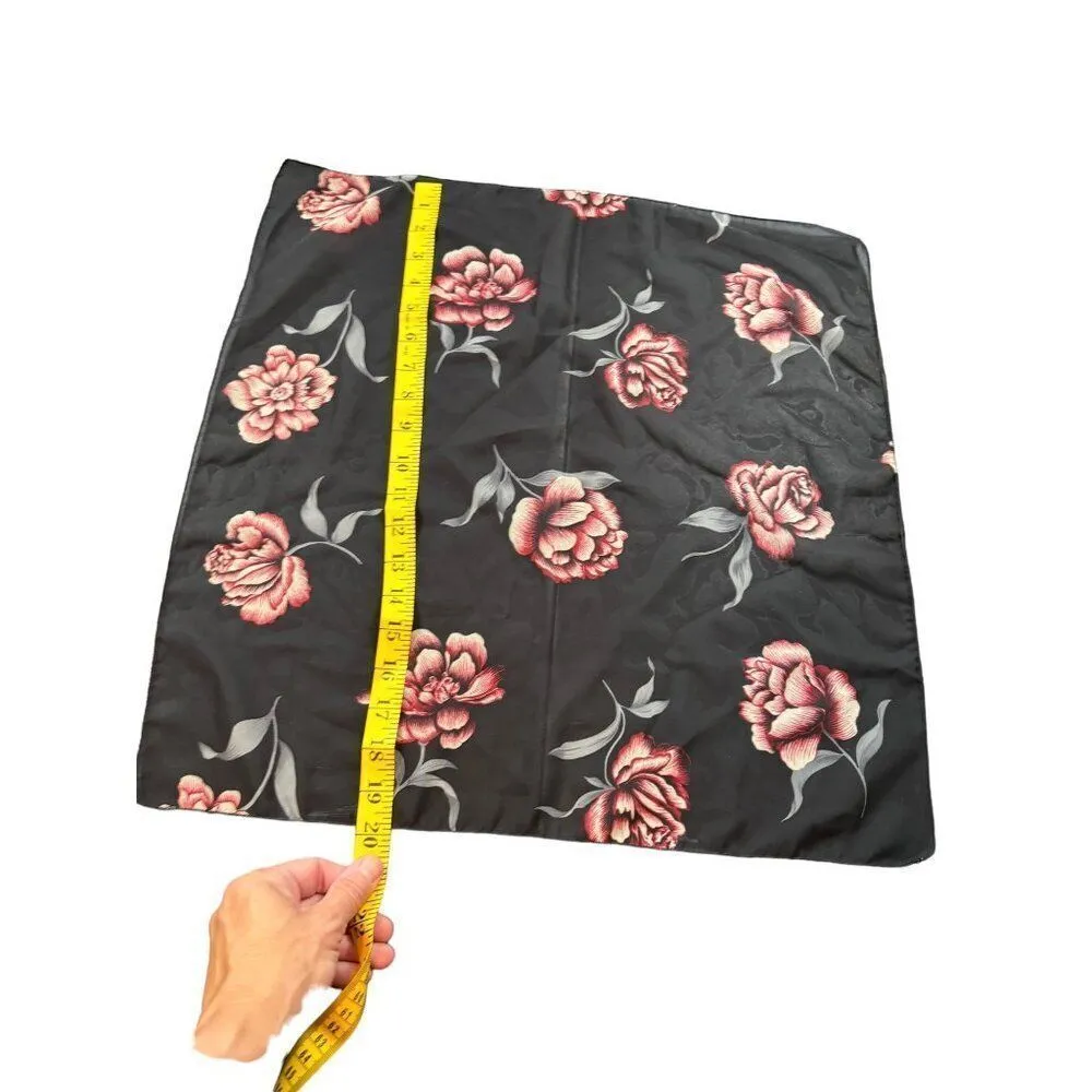 Vintage Floral Silk Scarf 20x20 Inches Black With Red & Pink Flowers Lightweight - Image 3
