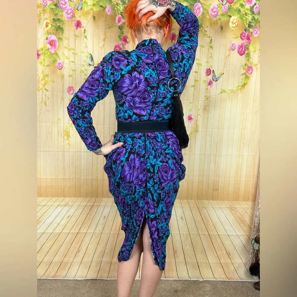 Vintage Black Blue Purple Floral Garden Rose Ruched Dress Size undefined - Image 3