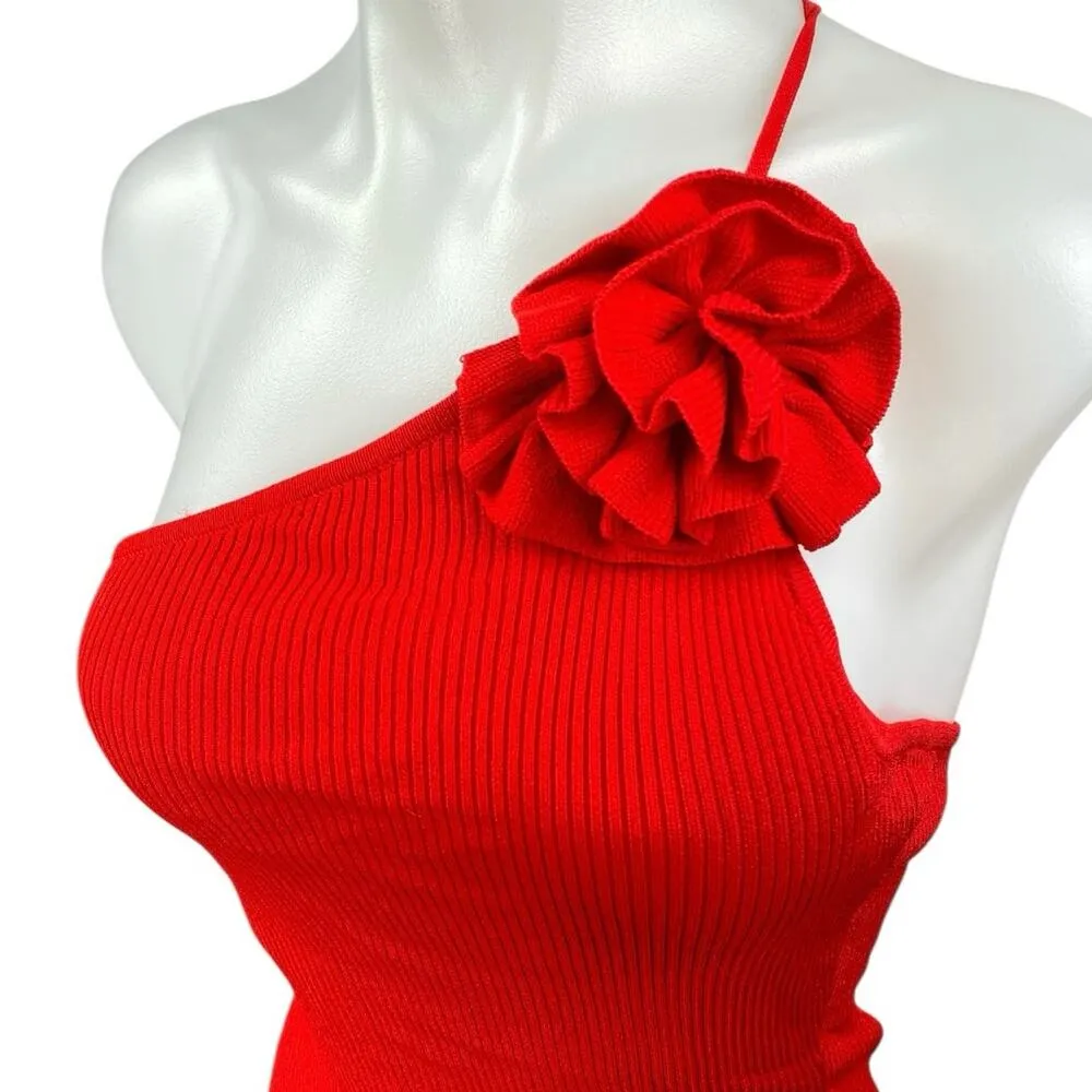 NIA Marais Red Ribbed Knit One Shoulder 3D Floral Sleeveless Cami Blouse Top M Size M - Image 3