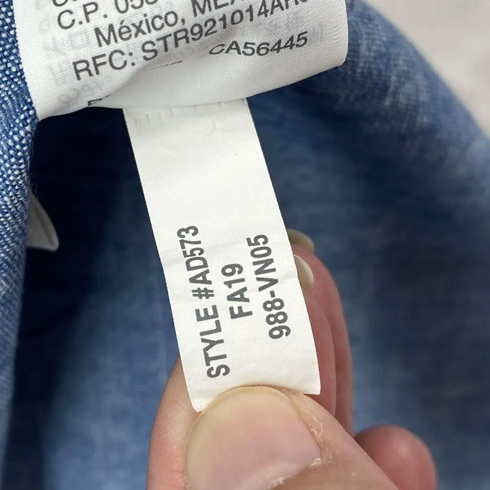 J. Crew‎ Top Womens 0 Funnel Neck in Blue Chambray Cotton Raw Hem back - Image 7