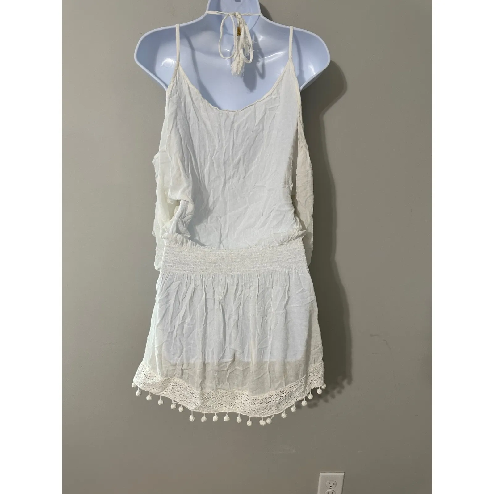 ELLA MOSS White Open Shoulder Dress Coverup Pom Pom Trim Beach Mini Dress SIZE S - Image 7