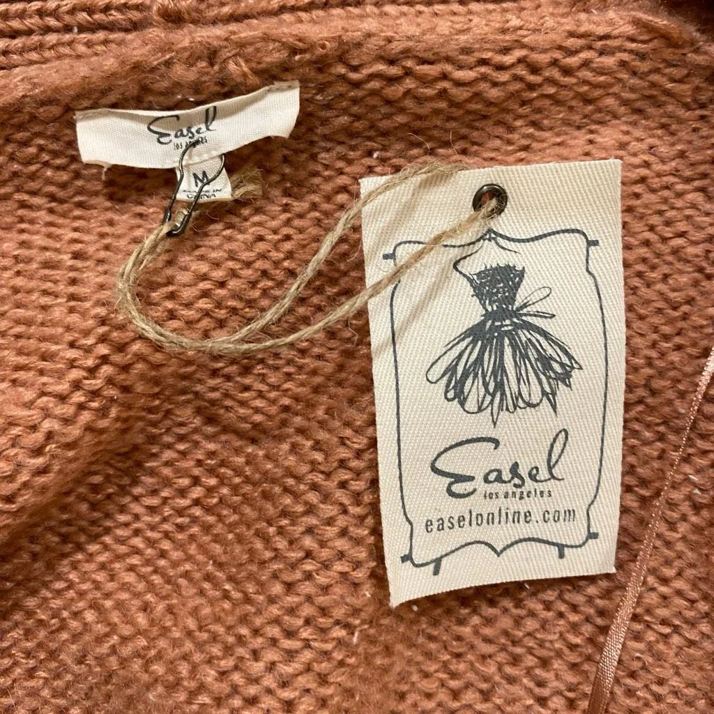 Easel Los Angeles Brown Knit Cardigan White Stripe Sleeves Open Front Size M - Image 4