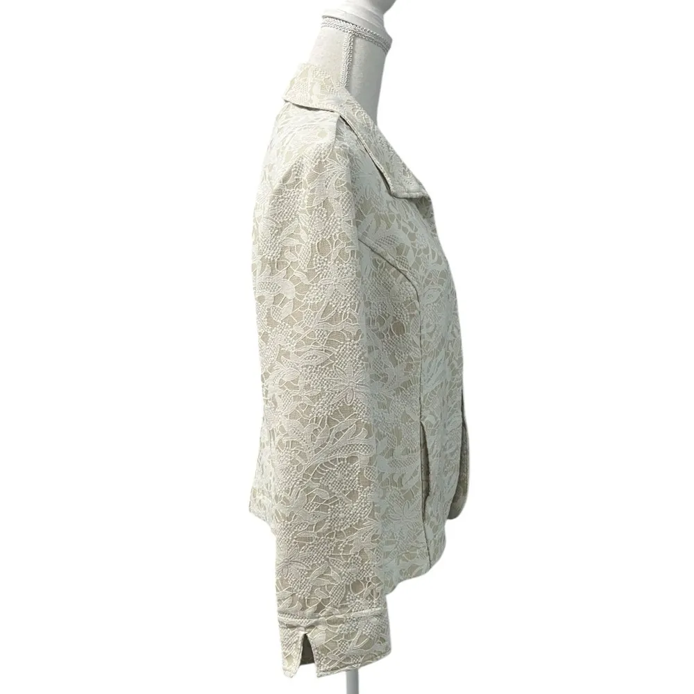 Chico’s Floral Lace Embroidered Beige White Open Front Blazer Cardigan Pockets M - Image 4