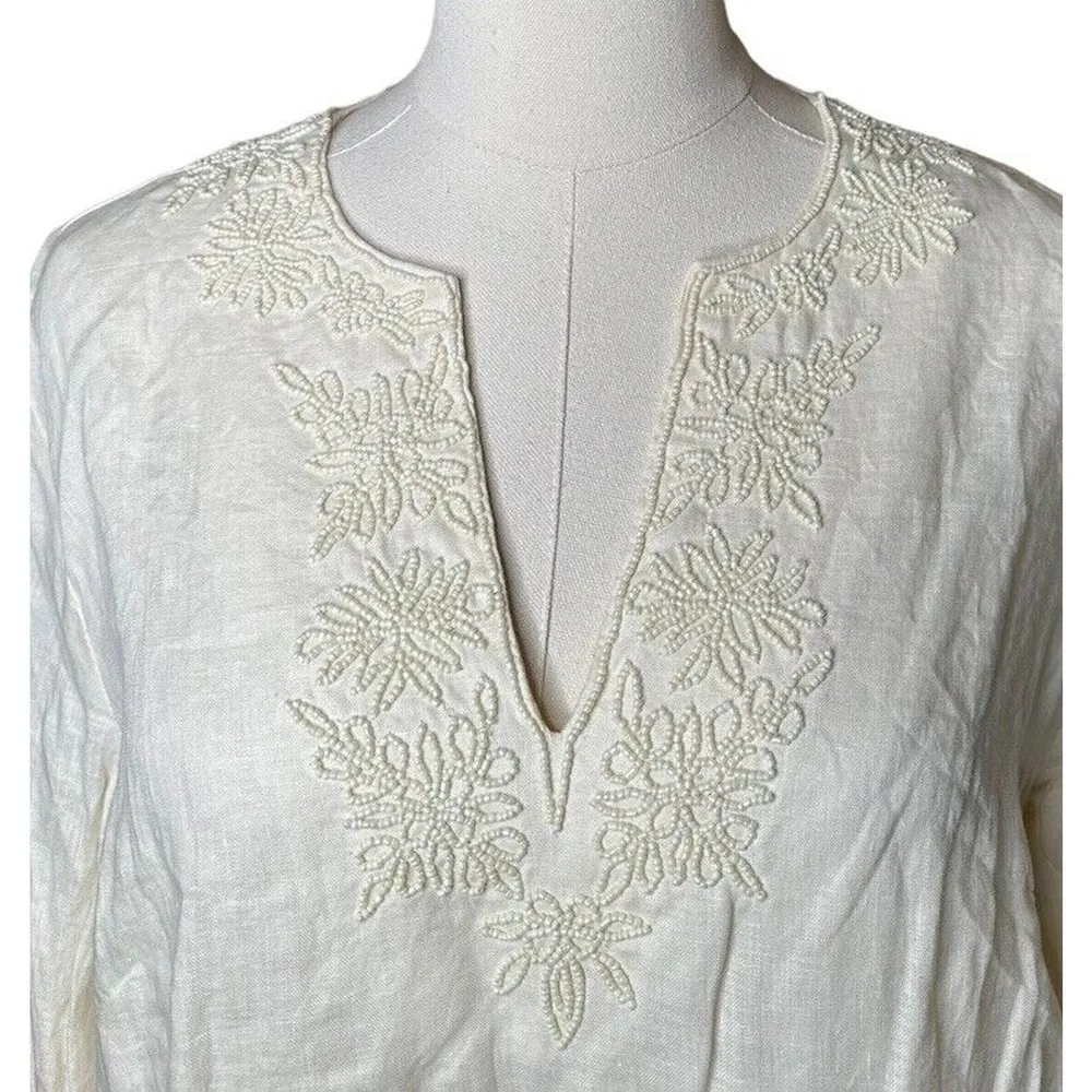 Lands End Shirt Womens Ivory Linen Lagenlook Coastal Beaded Swim Cover Tunic M - Image 2