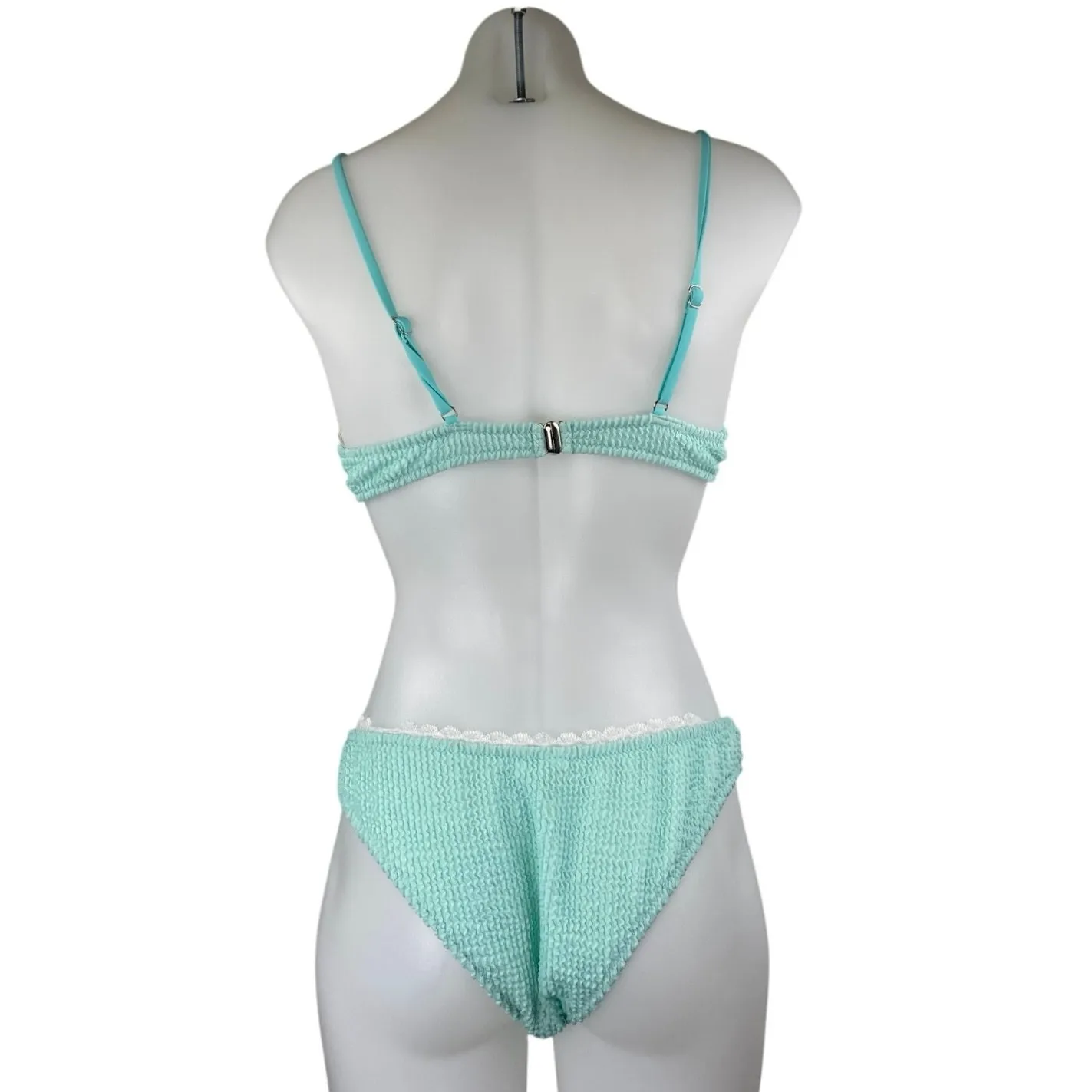 Women's Green Textured Lace Trim Two Piece Swimsuit Swimwear Bikini Set Size M Size M - Image 2