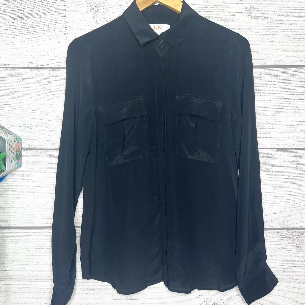 Joe Fresh Black Long Sleeve Button Up Shirt Blouse Top Size Medium - Image 6