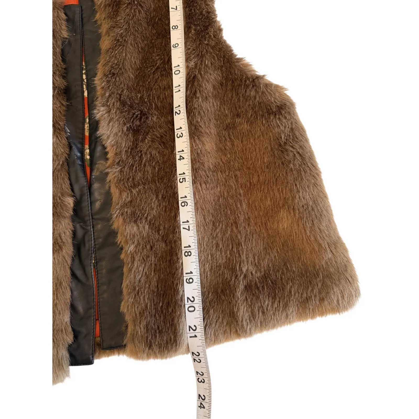 Cynthia‎ Rowley Brown Faux Fur Vest with Orange Print Lining Size L Mobwife fall - Image 11