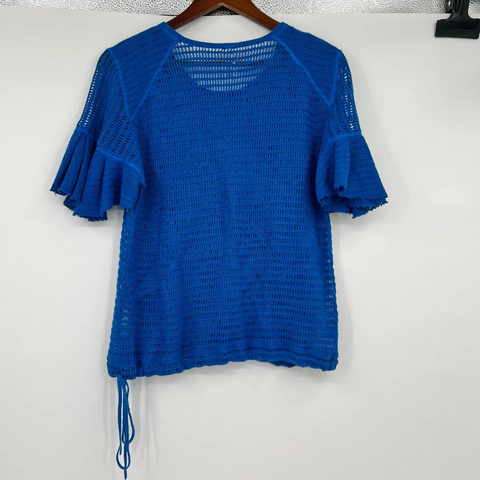 Free People F Babes Only Lasting Laguna Blue Flutter Sleeve Open Knit Top large - Image 5