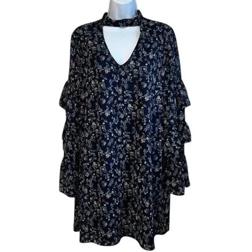 LE‎ LIS Navy Floral  Long Sleeve Tiered Ruffle Trim  Mini Shift Dress NWOT Large - Image 2