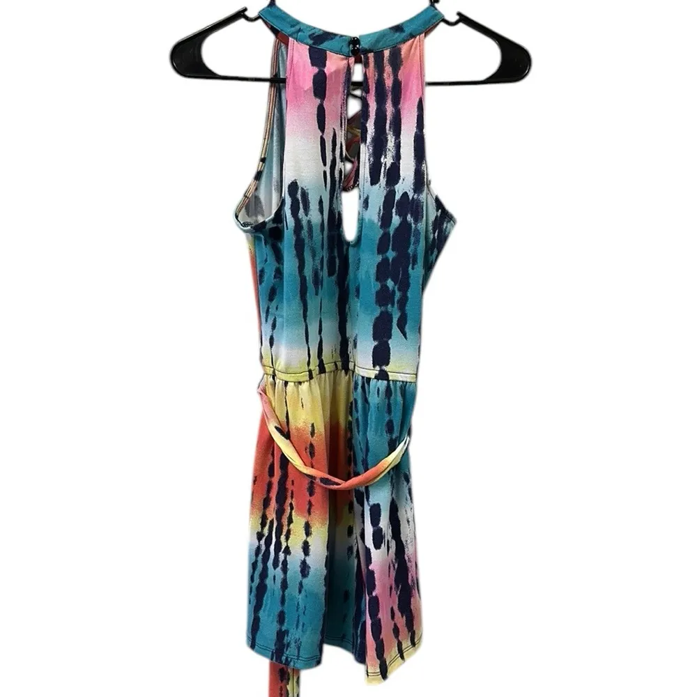 Derek Heart Tie Dye Criss Cross High Neck Keyhole Tie Belted Shorts Romper Large - Image 8