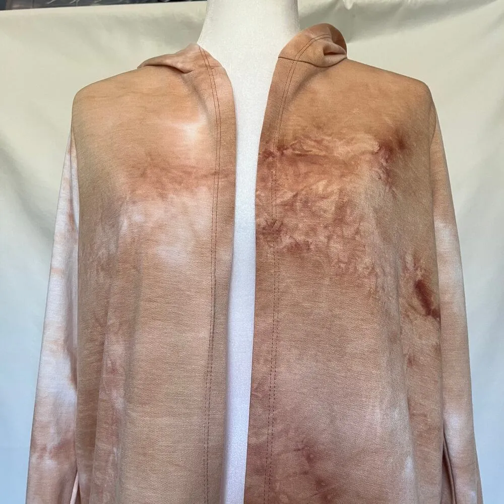 SJS Womens Wrap Cardigan Hooded Top SIze Medium Peach Open Front Tie Dye Boho Tan - Image 2