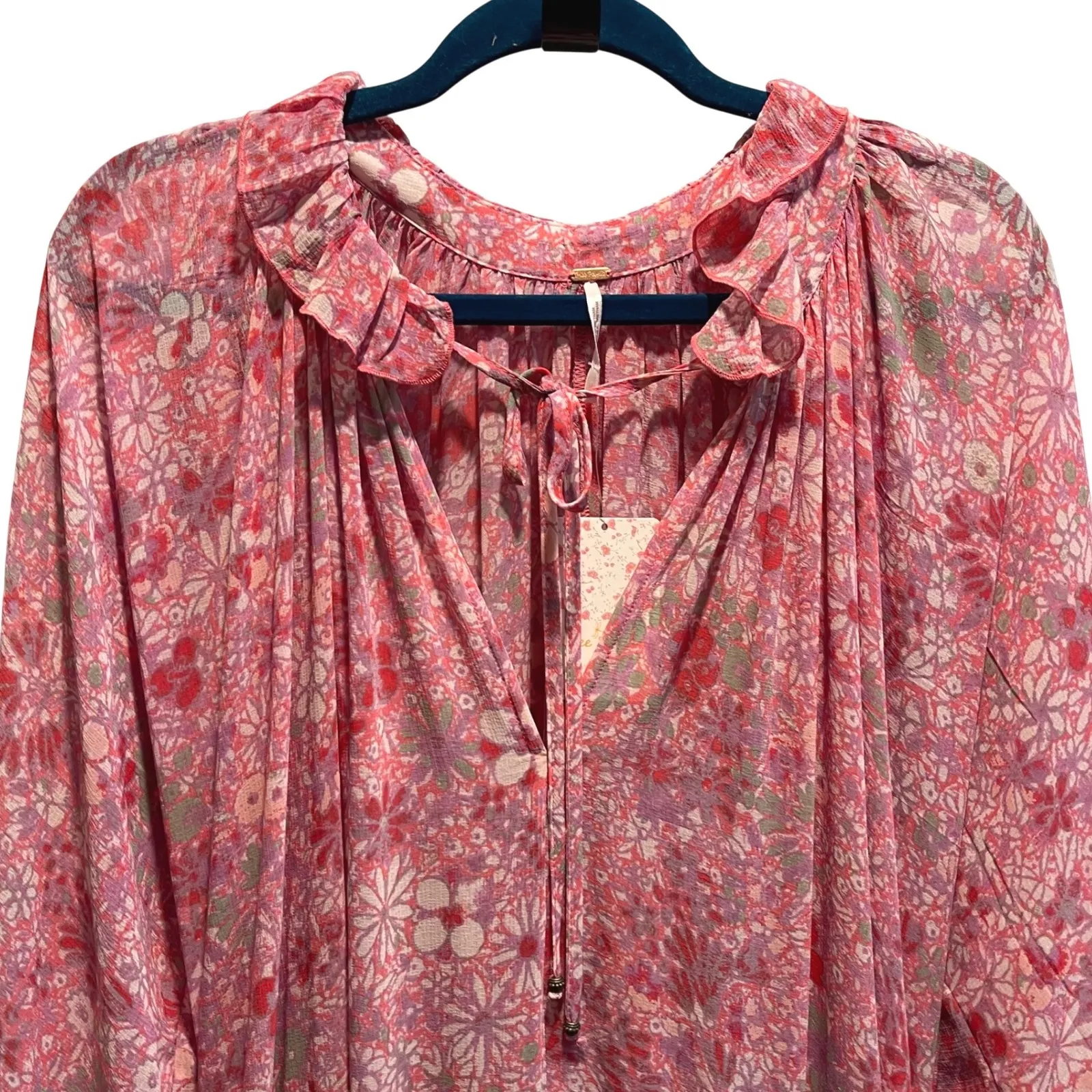 Free People Feeling Groovy Summertime Pink Floral Ruffle Neck Maxi Dress Medium - Image 3