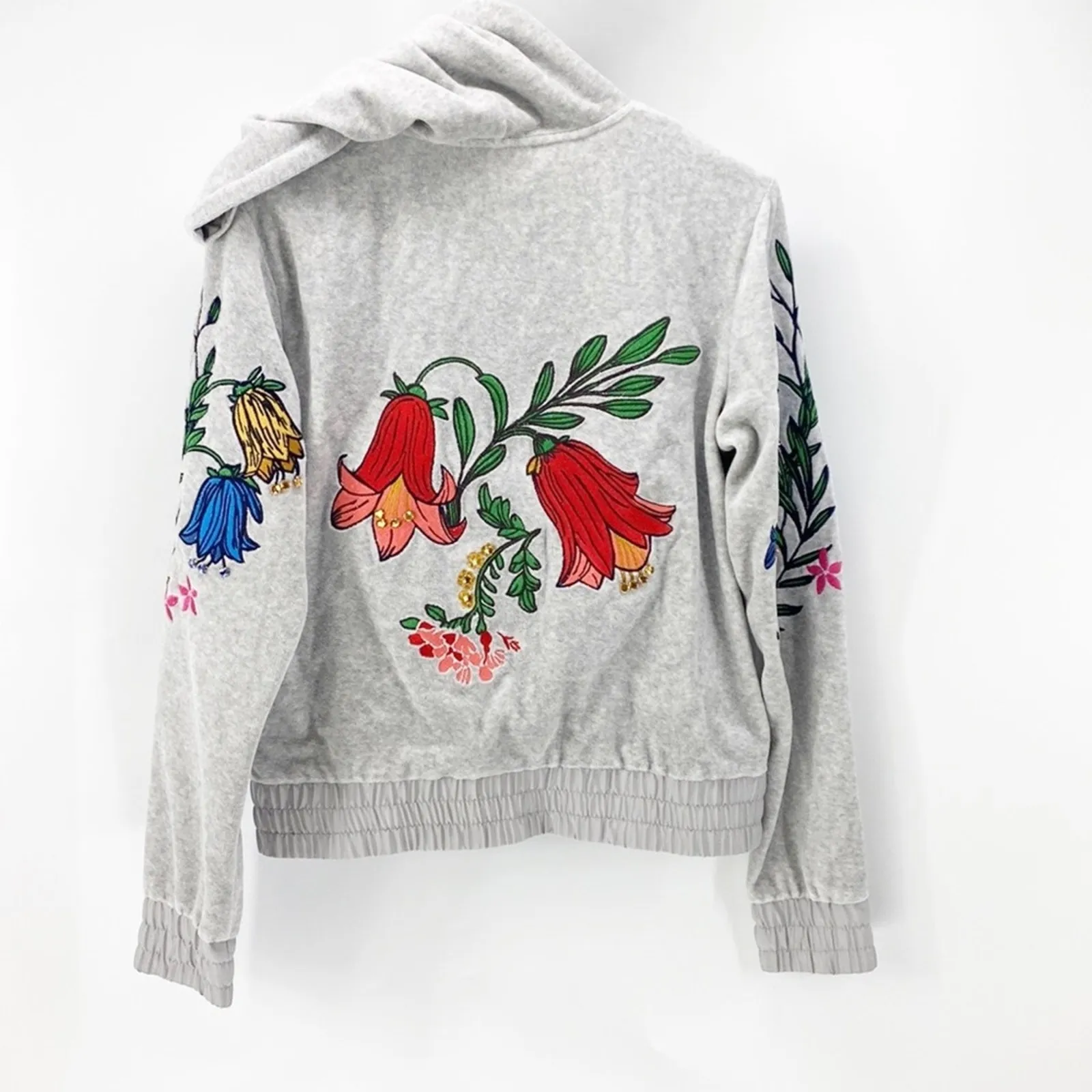 Escada Sport grey full zip embroidered bedazzled Y2K hoodie size S velvet floral Gray - Image 2