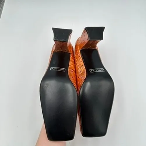 90s Bellini Women Square Toe Leather Ostrich Embossed Metallic Heels Shoes 9M Orange Size 9 - Image 7