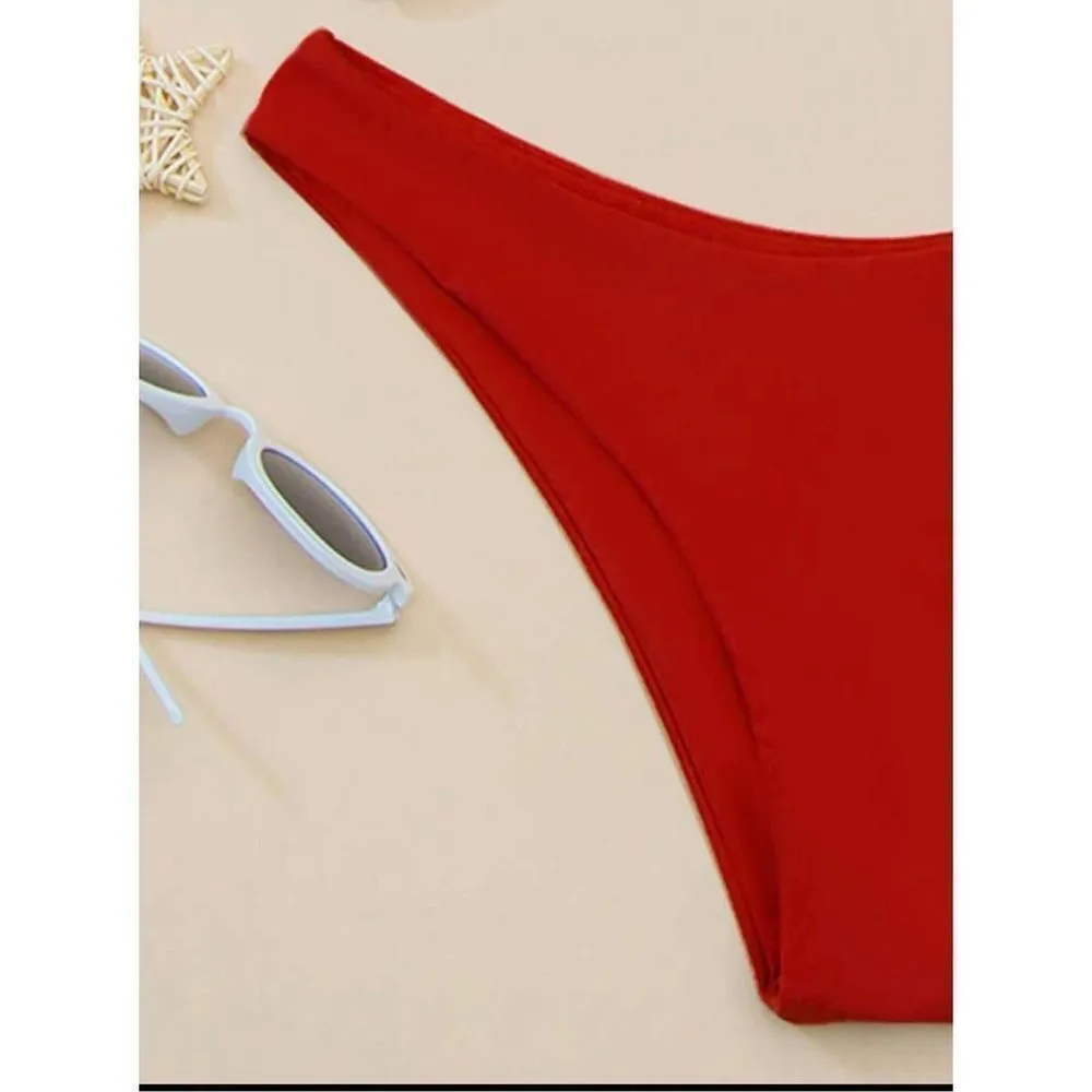 Solid Bikini Set Cross Halter Underwire Top & Bikini Bottom 2 Piece Bathing Suit Red Size L - Image 3