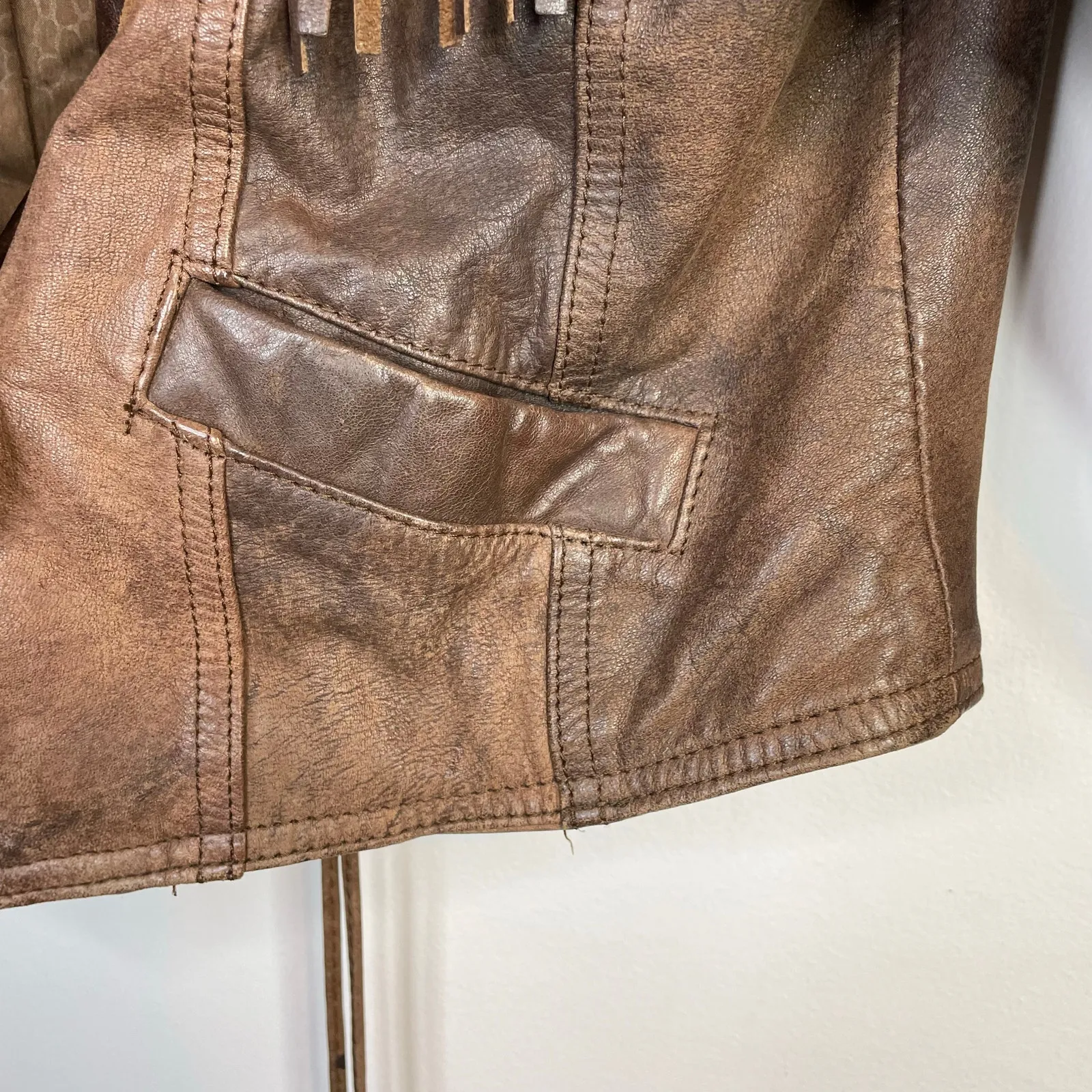 Vintage 80s Western Leather Jacket Fringe Laced Brown Boho Rodeo Cowboy Biker L Size L - Image 6