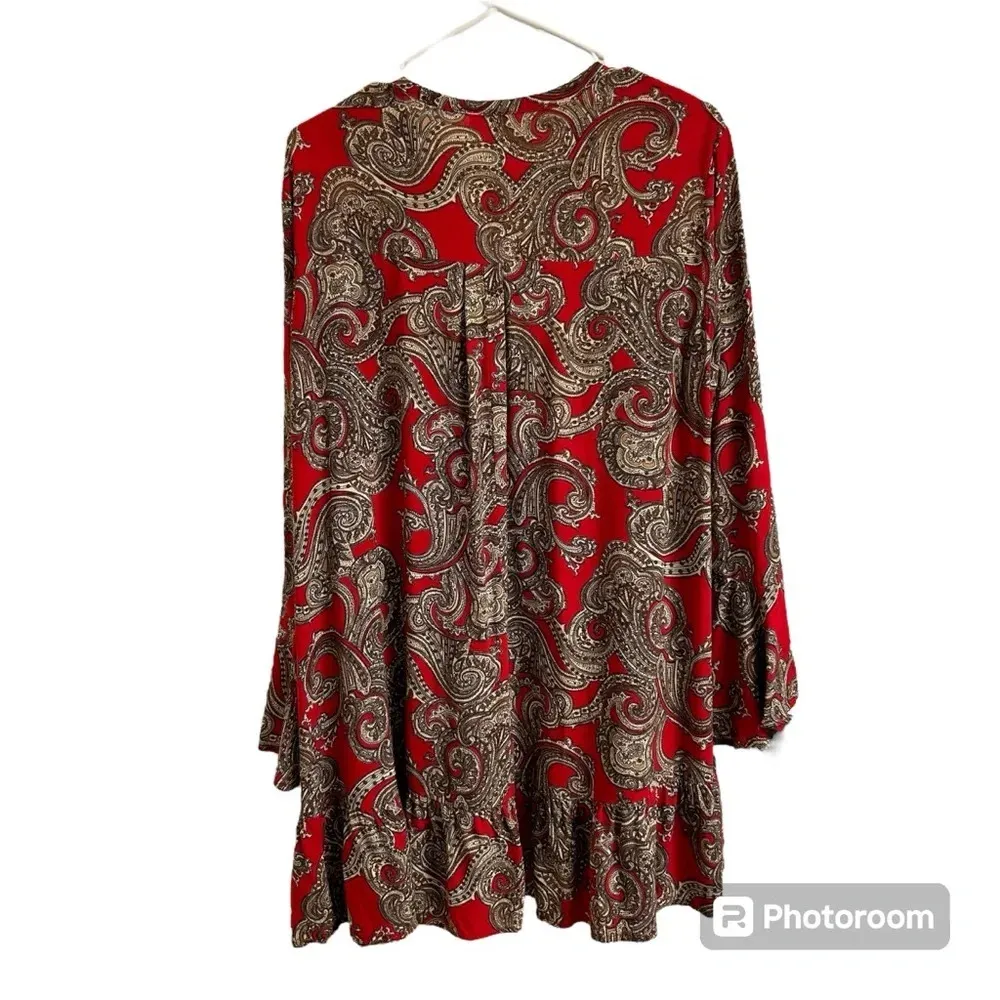 Umgee Women M Oversized Mini Dress Tunic Red Paisley V-Neck Keyhole Bell Sleeve - Image 3