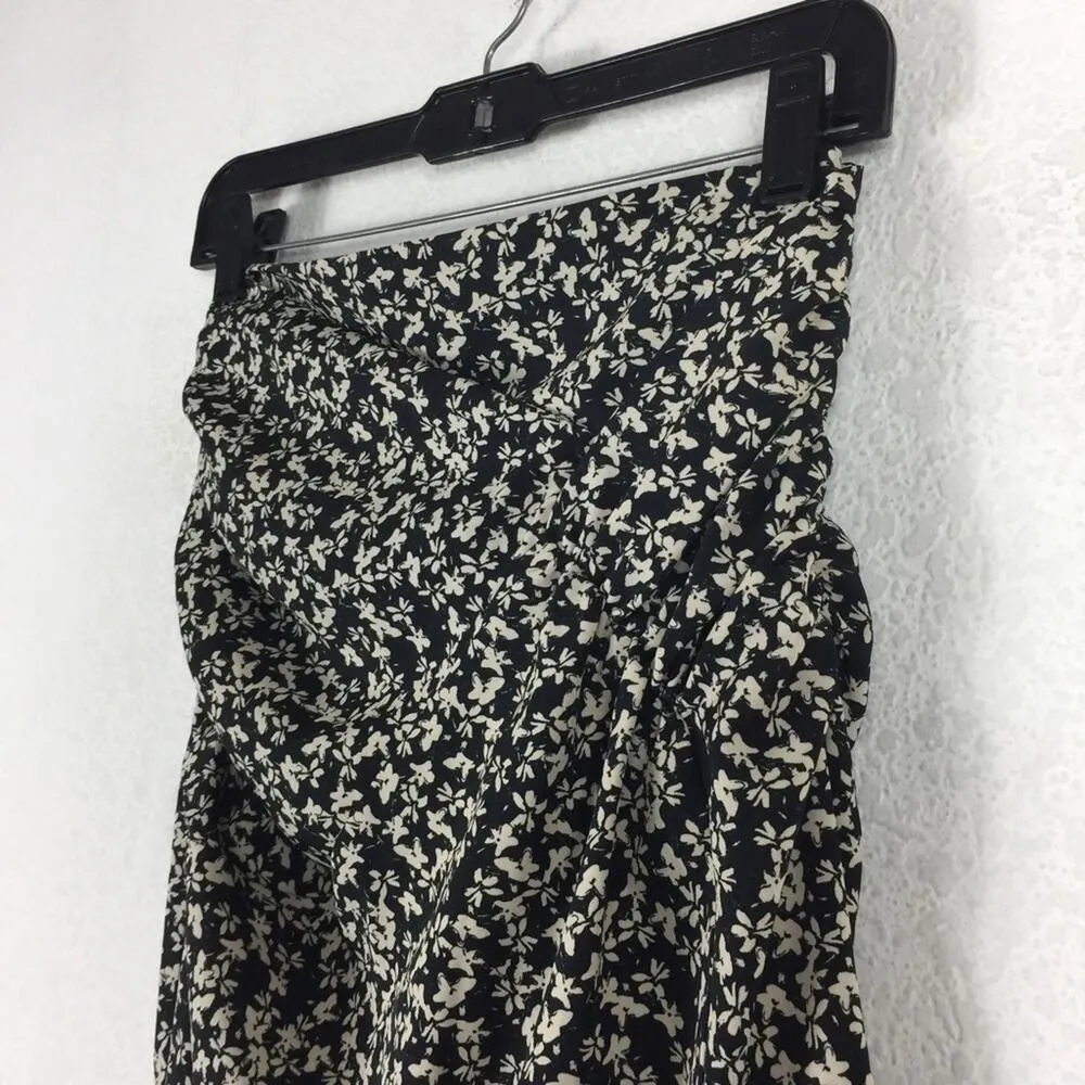 Zara Draped Black Moody Micro Floral Print Ruched Side Slit Midi Skirt XS - Image 7