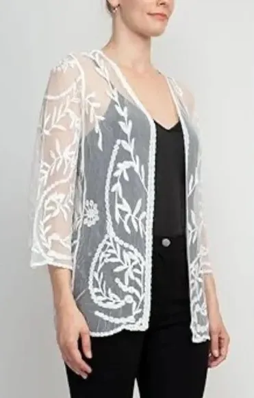 NWT Nina Leonard Womens XL Open Front Lace Floral Cardigan Duster Kimono Sweater - Image 1