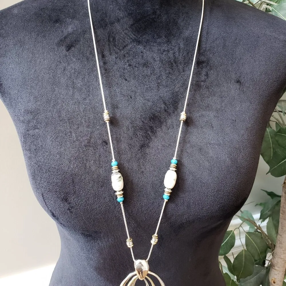 Womens Multi Tone Pewter Irregular Hammered Loops Pendant Necklace with Lobster Gold - Image 5